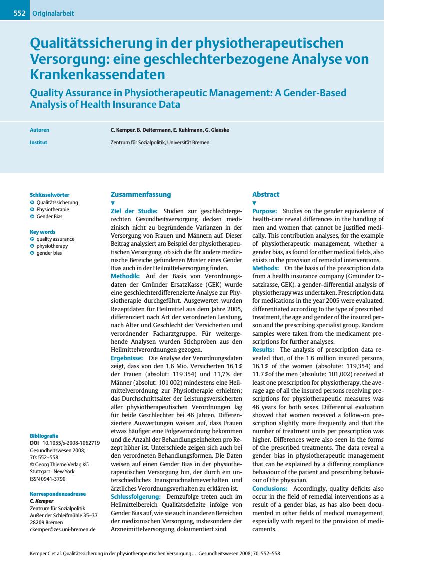 Vorschauseite 1: Qualitätssicherung in der physiotherapeutischen Versorgung: eine geschlechterbezogene Analyse von Krankenkassendaten