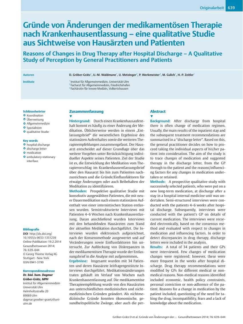 Vorschauseite 1: Gründe von Änderungen der medikamentösen Therapie nach Krankenhausentlassung – eine qualitative Studie aus Sichtweise von Hausärzten und Patienten