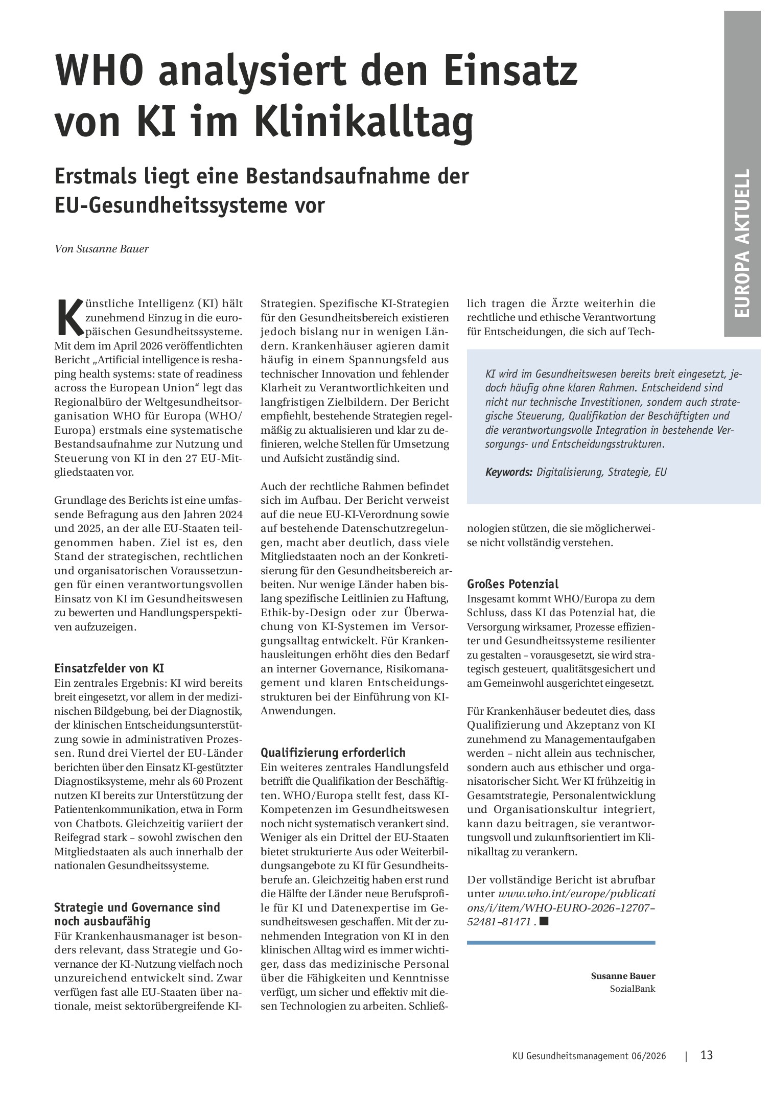 Vorschauseite 1: WHO analysiert den Einsatz von KI im Klinikalltag. Erstmals liegt eine Bestandsaufnahme der EU-Gesundheitssysteme vor
