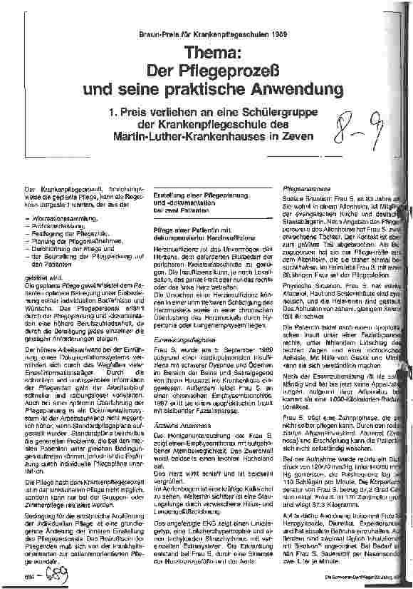 Vorschauseite 1: Braun-Preis für Krankenpflegeschulen 1989 - Thema: Der Pflegeprozeß und seine praktische Anwendung