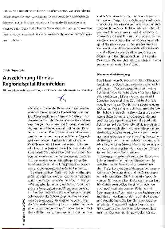 Vorschauseite 1: Auszeichnung für das Regionalspital Rheinfelden Effiziente Tumorschmerzlinderung nach Kriterien der Schweizerischen Krebsliga
