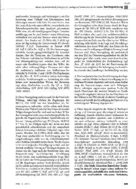 Vorschauseite 6: Abbruch lebenserhaltender Behandlung auf der Grundlage des Patientenwillens ist nicht strafbarStGB § 13, §212, §216, §228; BGB § 1901a, § 1904 Abs. 2 und 4; GG Art. 1 Abs. 1, Art.…
