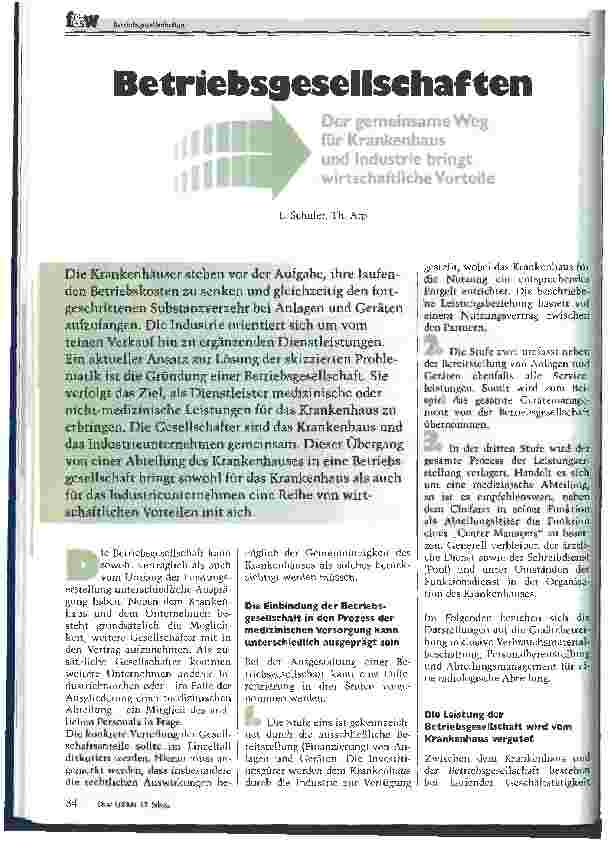 Vorschauseite 1: Betriebsgesellschaften Der gemeinsame Weg für Krankenhaus und Industrie bringt wirtschaftliche Vorteile