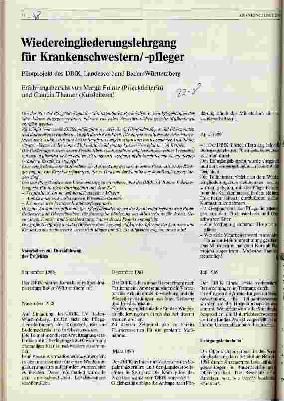 Vorschauseite 1: Wiedereingliederungslehrgang für Krankenschwestern/-pfleger Pilotprojekt des DBfK, Landesverband Baden-Württemberg