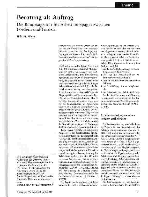 Vorschauseite 1: Beratung als AuftragDie Bundesagentur für Arbeit im Spagat zwischen Fördern und Fordern