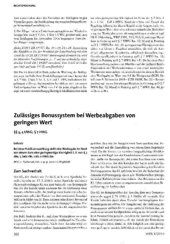 Vorschauseite 1: Zulässiges Bonussystem bei Werbeabgaben von geringem Wert§§3, 4 UWG; §7 HWG