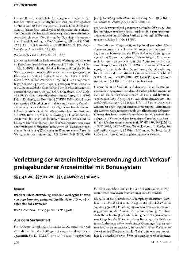 Vorschauseite 3: Zulässiges Bonussystem bei Werbeabgaben von geringem Wert§§3, 4 UWG; §7 HWG