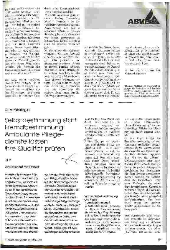 Vorschauseite 1: Selbstbestimmung statt Fremdbestimmung Ambulante Pflegedienste lassen ihre Qualität prüfen - Teil 2