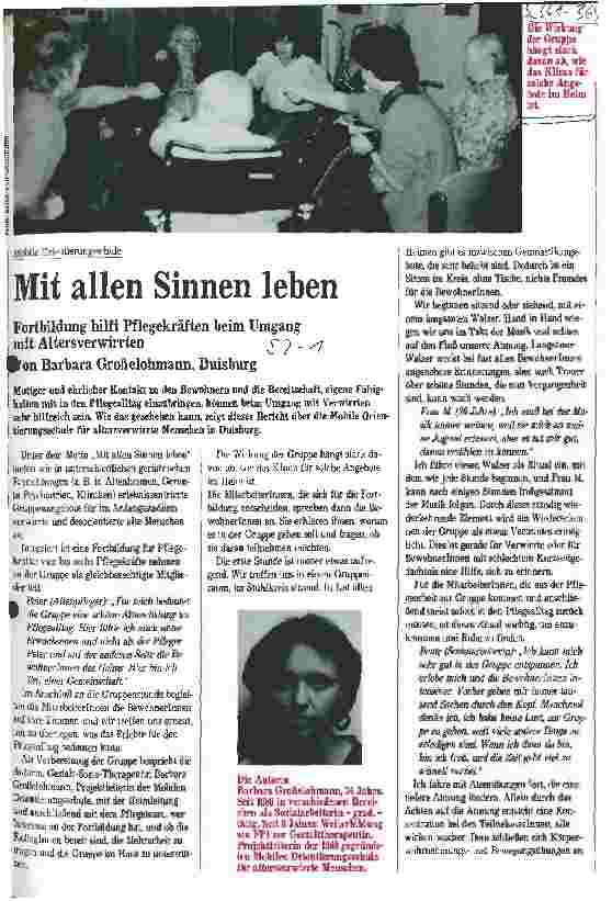 Vorschauseite 1: Mobile Orientierungsschule: Mit allen Sinnen leben. Fortbildung hilft Pflegekräften beim Umgang mit Altersverwirrten