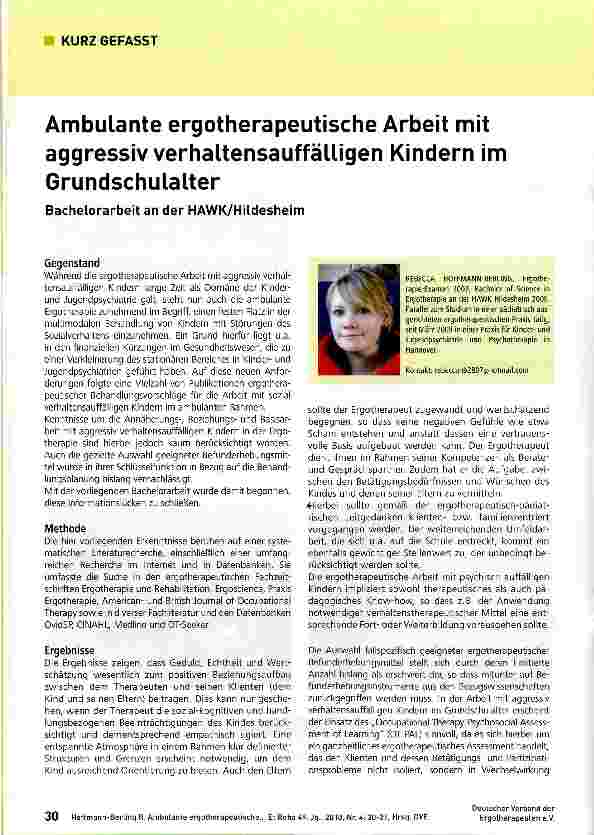 Vorschauseite 1: Ambulante ergotherapeutische Arbeit mit aggressiv verhaltensauffälligen Kindern im Grundschulalter