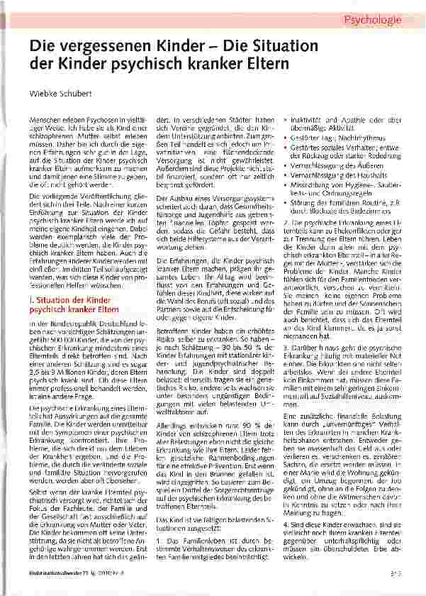 Vorschauseite 1: Die vergessenen Kinder- Die Situation der Kinder psychisch kranker Eltern