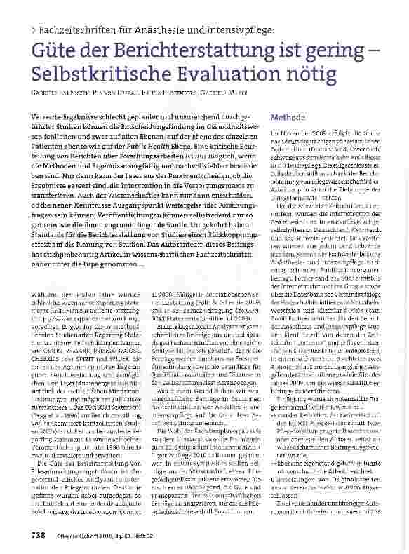 Vorschauseite 1: Fachzeitschriften für Anästhesie und Intensivpflege:Güte der Berichterstattung ist gering -Selbstkritische Evaluation nötig