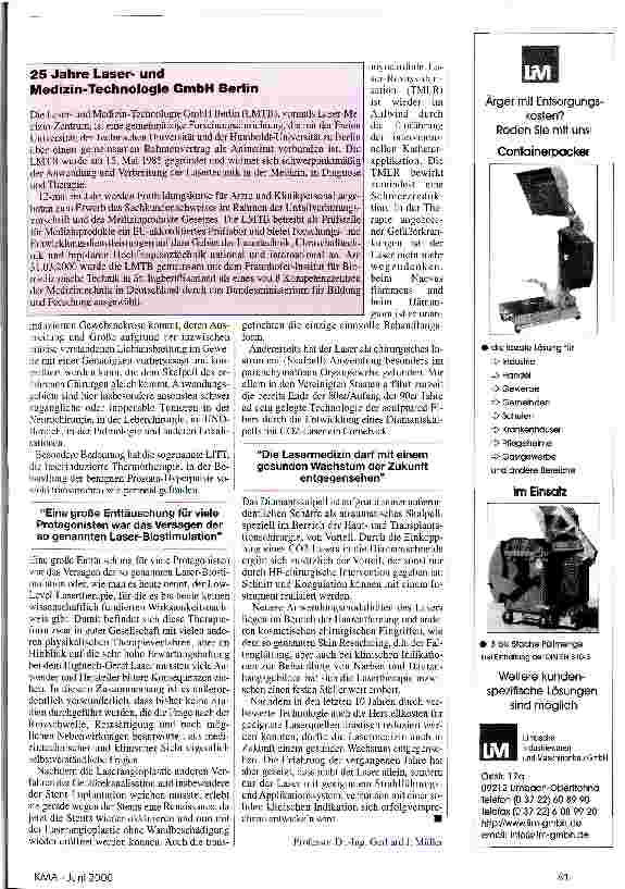 Vorschauseite 2: Zeit zur Neubesinnung 20 Jahre Laser in der Medizin - eine Bilanz