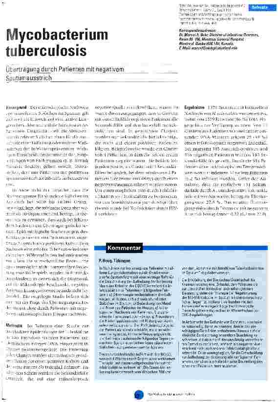 Vorschauseite 1: Mycobacterium tuberculosis Übertragung durch Patienten mit negativem Sputumausstrich