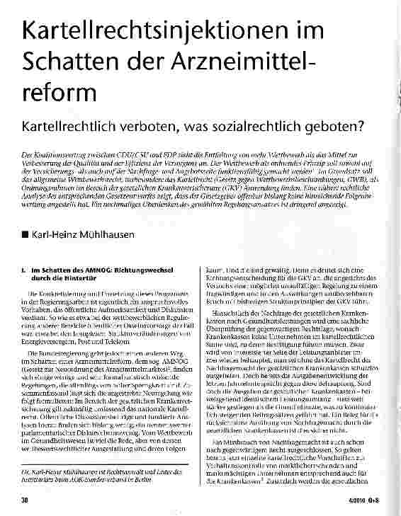 Vorschauseite 1: Kartellrechtsinjektionen im Schatten der Arzneimittelreform Kartellrechtlich verboten, was sozialrechtlich geboten?