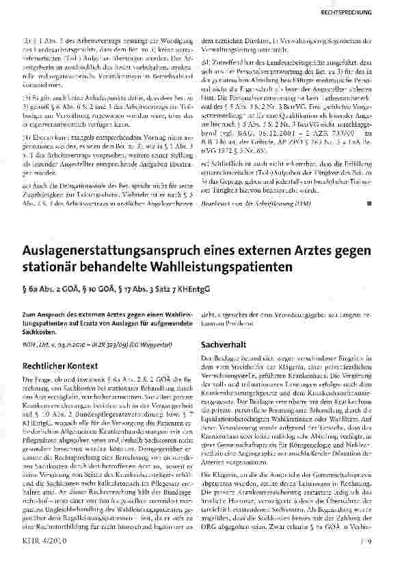 Vorschauseite 1: Auslagenerstattungsanspruch eines externen Arztes gegen stationär behandelte Wahlleistungspatienten§ 6a Abs. 2 GOÄ, § 10 GOÄ, § 17 Abs. 3 Satz 7 KHEntgG
