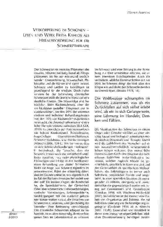 Vorschauseite 1: VERKÖRPERUNG IM SCHÖNEN - LEBEN UND WERK FRIDA KAHLOS ALS HERAUSFORDERUNG FÜR DIESCHMERZTHERAPIE
