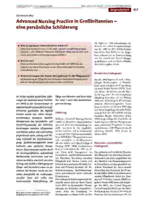 Vorschauseite 1: Advanced Nursing Practice in Großbritannien eine persönliche Schilderung