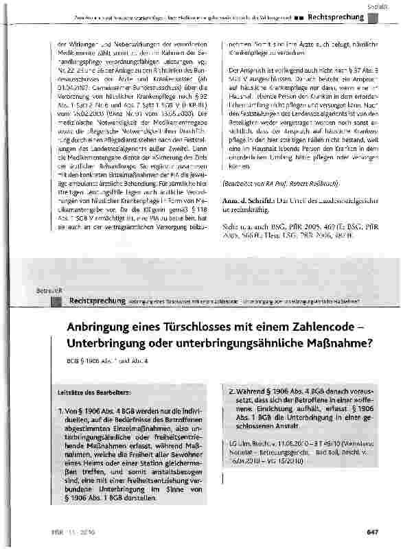 Vorschauseite 1: Anbringung eines Türschlosses mit einem Zahlencode -Unterbringung oder unterbringungsähnliche Maßnahme?