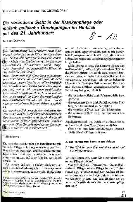 Vorschauseite 1: Die veränderte Sicht in der Krankenpflege oder ethisch-politische Überlegungen im Hinblick auf das 21. Jahrhundert