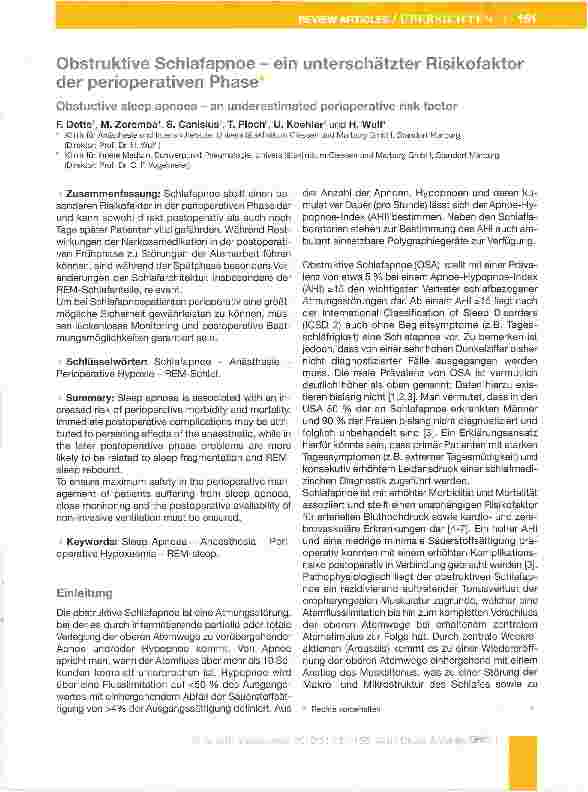 Vorschauseite 1: Obstruktive Schlafapnoe - ein unterschätzter Risikofaktor der perioperativen Phase