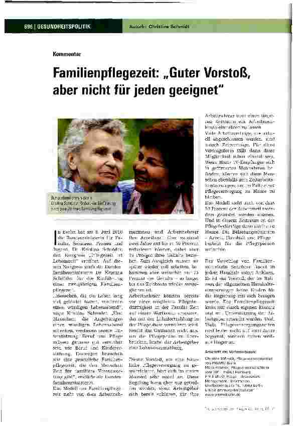 Vorschauseite 1: Familienpflegezeit „Guter Vorstoß, aber nicht für jeden geeignet