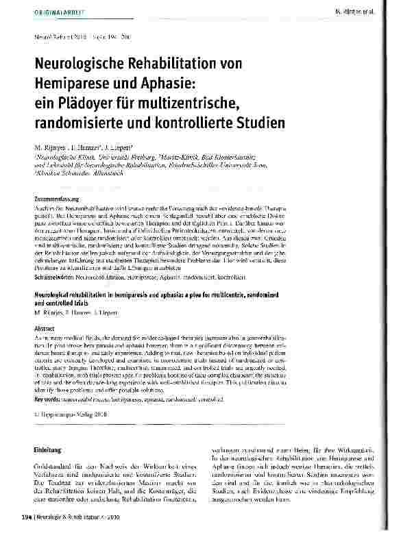 Vorschauseite 1: Neurologische Rehabilitation von Hemiparese und Aphasie: ein Plädoyer für multizentrische, randomisierte und kontrollierte Studien
