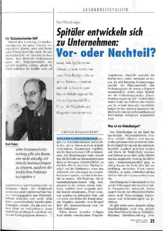 Vorschauseite 1: Spitäler entwickeln sich zu Unternehmen: Voroder Nachteil? Das Globalbudget