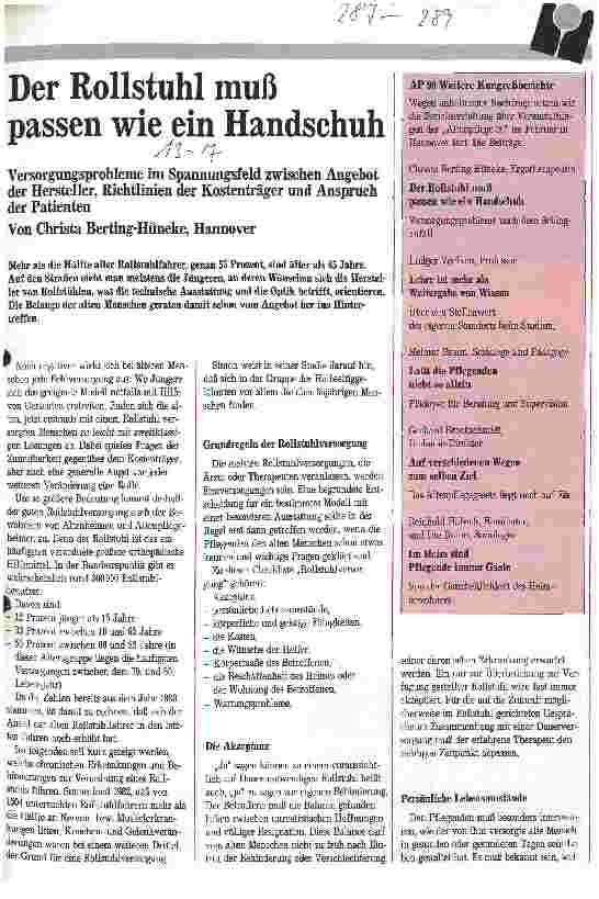 Vorschauseite 1: Der Rollstuhl muß passen wie ein Handschuh. Versorgungsprobleme.