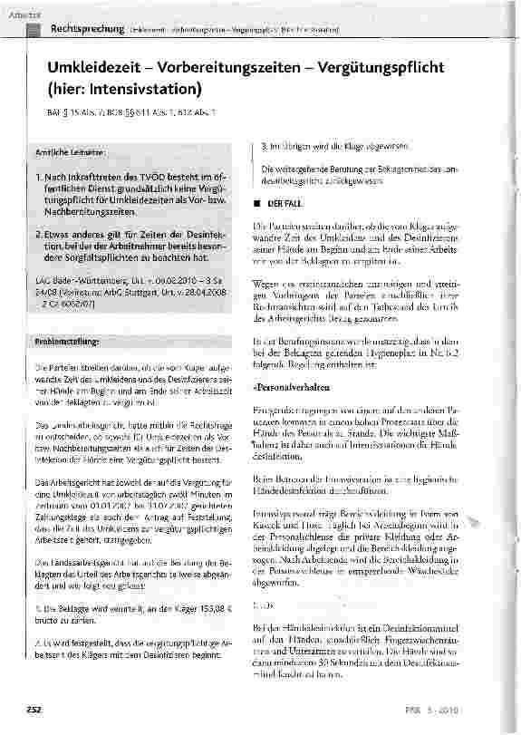 Vorschauseite 1: Umkleidezeit - Vorbereitungszeiten - Vergütungspflicht (hier: Intensivstation)