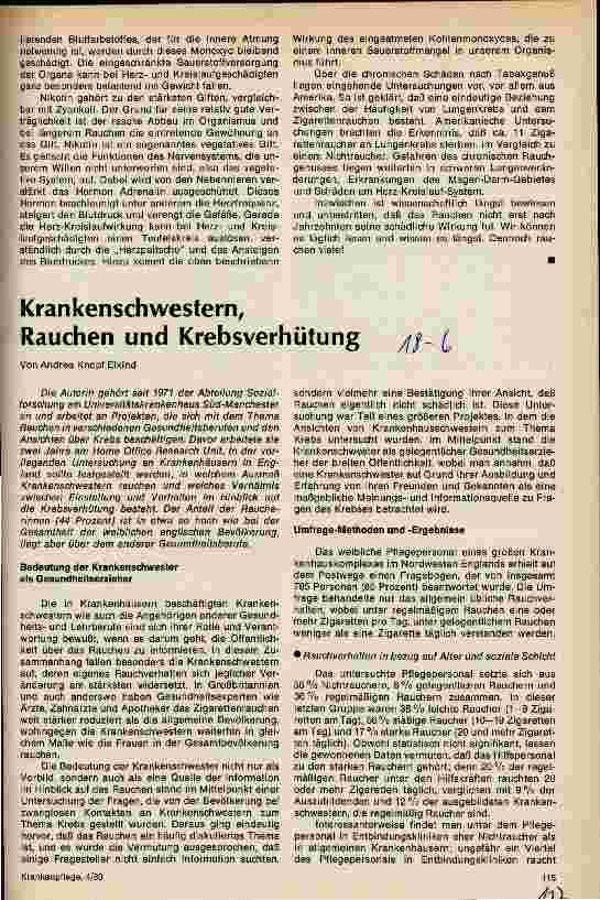 Vorschauseite 1: Krankenschwestern, Rauchen und Krebsverhütung