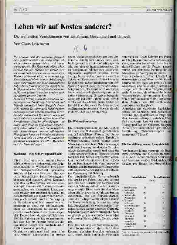 Vorschauseite 1: Leben wir auf Kosten anderer? Die weltweiten Vernetzungen von Ernährung, Gesundheit und Umwelt