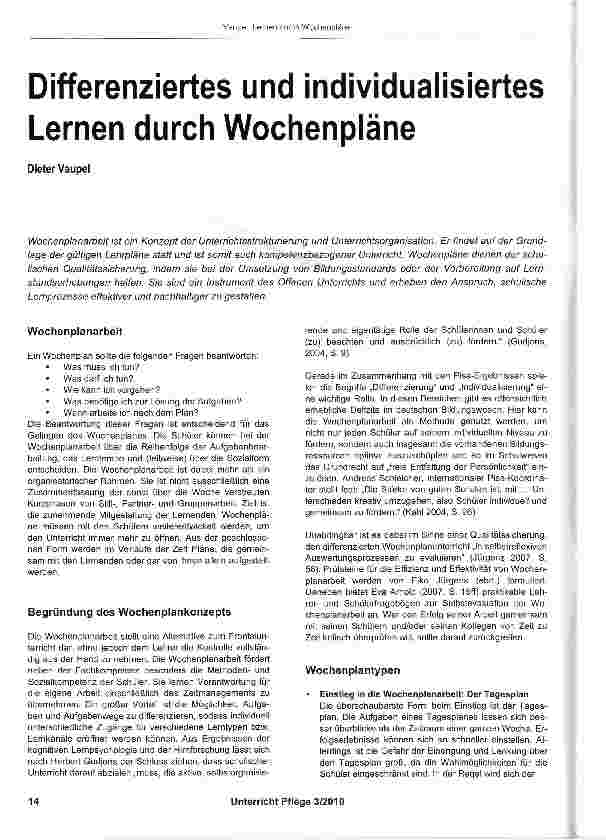 Vorschauseite 1: Differenziertes und individualisiertes Lernen durch Wochenpläne