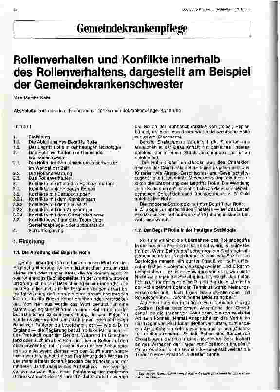 Vorschauseite 1: Rollenverhalten und Konflikte innerhalb des Rollenverhaltens, dargestellt am Beispiel der Gemeindekrankenschwester