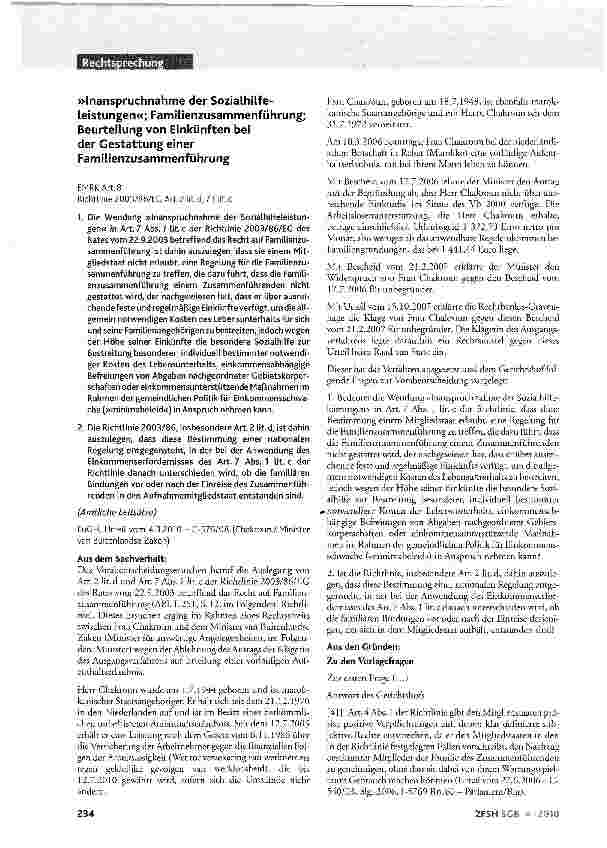 Vorschauseite 1: »Inanspruchnahme der Sozialhilfeleistungen«; Familienzusammenführung; Beurteilung von Einkünften bei der Gestattung einer Familienzusammenführung