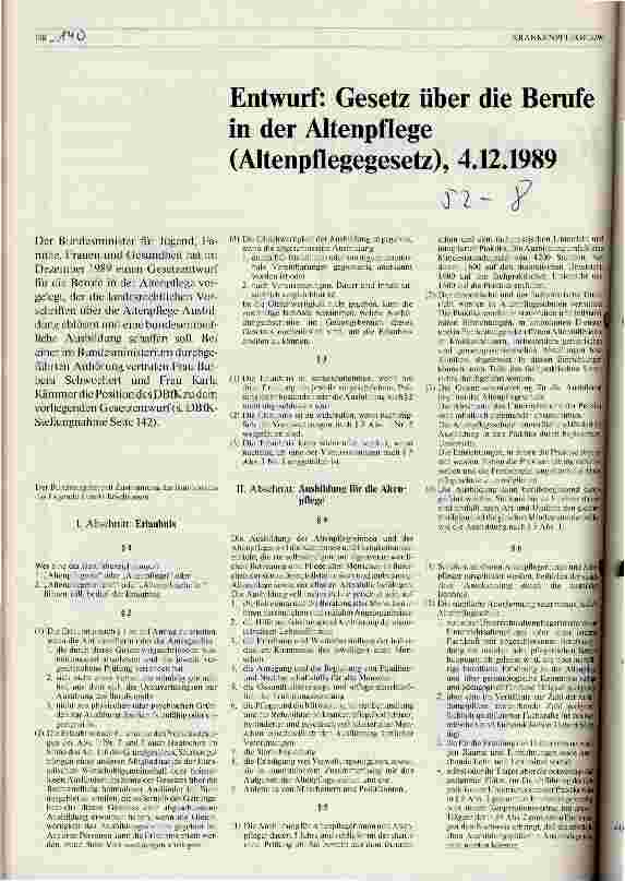 Vorschauseite 1: Entwurf: Gesetz über die Berufe in der Altenpflege (Altenpflegegesetz), 4. 12. 1989