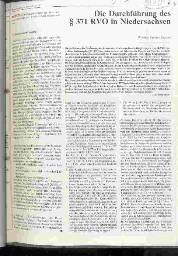 Vorschauseite 1: Die Durchführung des Paragraphen 371 RVO in Niedersachsen