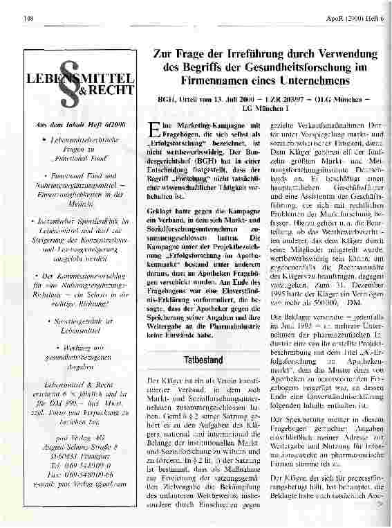 Vorschauseite 1: Zur Frage der Irreführung durch Verwendung des Begriffs der Gesundheitsforschung im Firmennamen eines Unternehmens
