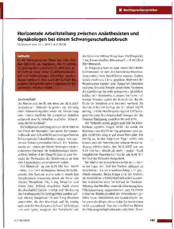 Vorschauseite 1: Horizontale Arbeitsteilung zwischen Anästhesisten und Gynäkologen bei einem Schwangerschaftsabbruch