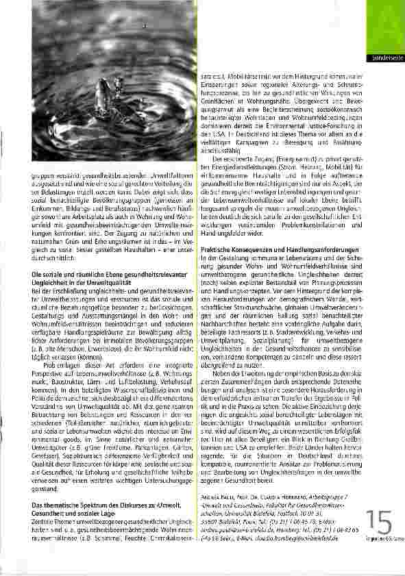 Vorschauseite 2: Umwelt, Gesundheit und soziale Lage - Stellenwert eines >neuen< wissenschaftlichen und politischen Handlungsfeldes in Deutschland