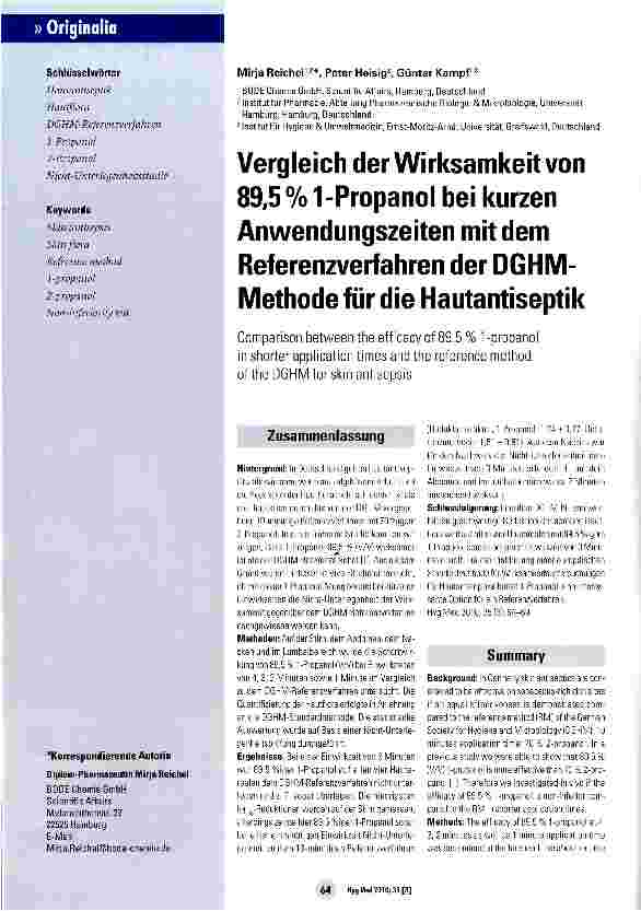 Vorschauseite 1: Vergleich der Wirksamkeit von 89,5 % 1-Propanol bei kurzen Anwendungszeiten mit dem Referenzverfahren der DGHM-Methodefürdie Hautantiseptik