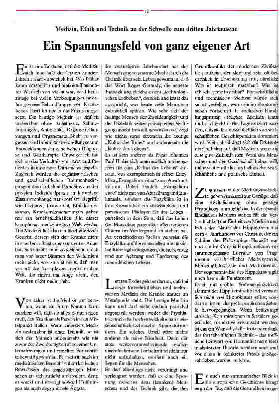 Vorschauseite 1: Ein Spannungsfeld von ganz eigener Art Medizin, Ethik und Technik an der Schwelle zum dritten Jahrtausend