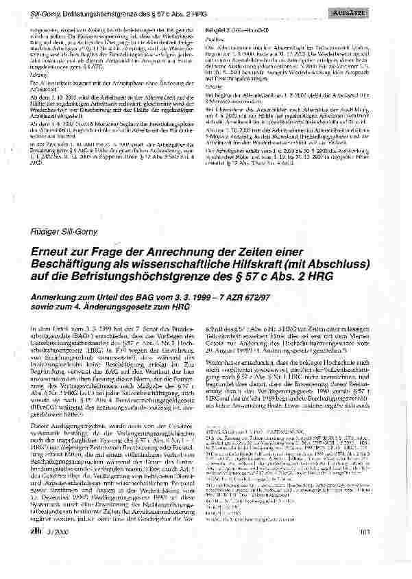Vorschauseite 1: Erneut zur Frage der Anrechnung der Zeiten einer Beschäftigung als wissenschaftliche Hilfskraft (mit Abschluss) auf die Befristungshöchstgrenze des §57c Abs. 2 HRG