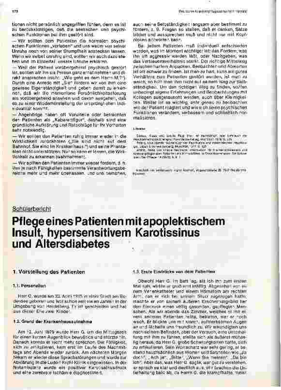 Vorschauseite 1: Pflege eines Patienten mit apoplektischem Insult, hypersensitivem Karotissinus und Alterdiabetes