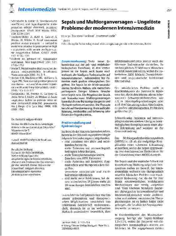 Vorschauseite 1: Sepsis und Multiorganversagen - Ungelöste Probleme der modernen Intensivmedizin