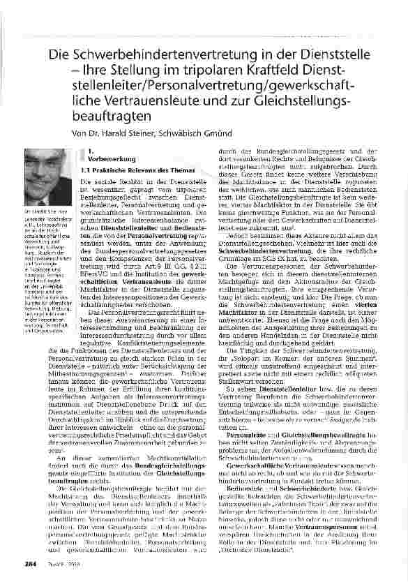 Vorschauseite 1: Die Schwerbehindertenvertretung in der Dienststelle - Ihre Stellung im tripolaren Kraftfeld Dienststellenleiter/Personalvertretung/gewerkschaftliche Vertrauensleute und zur Gleich…