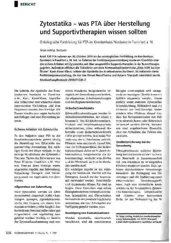 Vorschauseite 1: Zytostatika - was PTA über Herstellung und Supportivtherapien wissen sollten