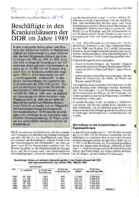Vorschauseite 1: Beschäftigte in den Krankenhäusern der DDR im Jahre 1989