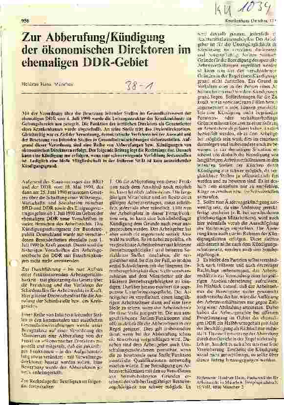 Vorschauseite 1: Zur Abberufung/Kündigung der ökonomischen Direktoren im ehemaligen DDR-Gebiet