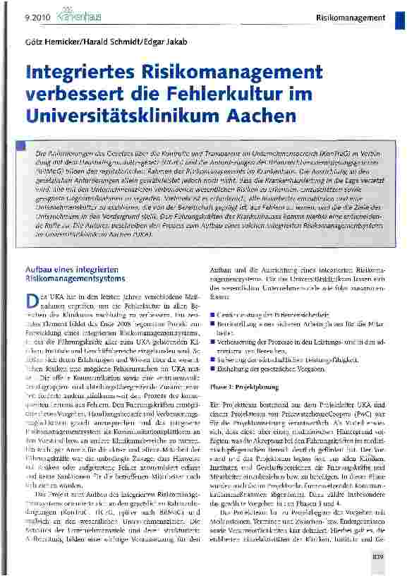Vorschauseite 1: Integriertes Risikomanagement verbessert die Fehlerkultur im Universitätsklinikum Aachen
